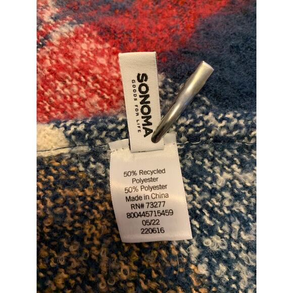 Sonoma Blue, Red, Mustard & White Plaid Fringe Triangle Scarf - Picture 3 of 4